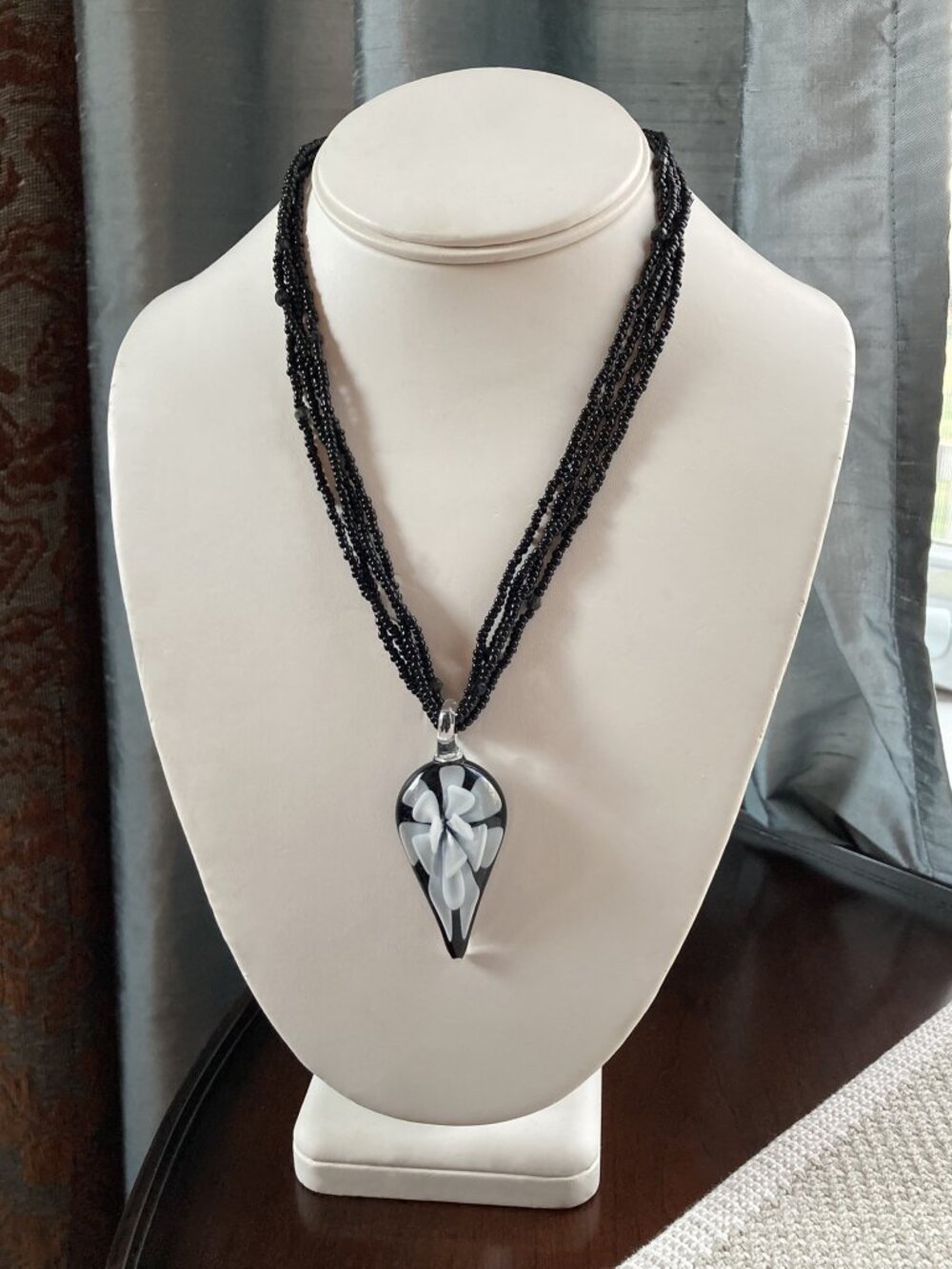 Artisan Multi-Strand Beaded Necklace, Art Glass Pendant, Murano Type Black White
